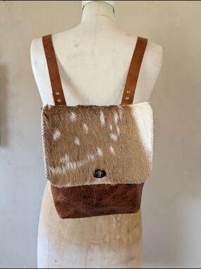 Artistan Made Bision And Deer  Leather Backpack - Brown & White *New*